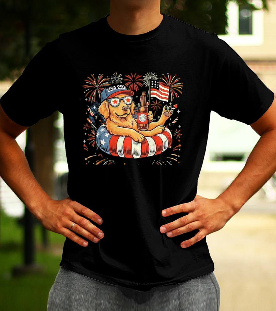 Golden Retriever Beer USA 250 Fireworks American Flag 4th Of July T-Shirt