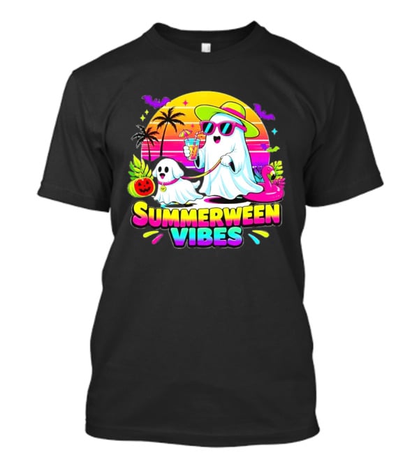 Summerween Vibes Ghost Walking Dog Retro Sunset Tropical Beach Party T-Shirt