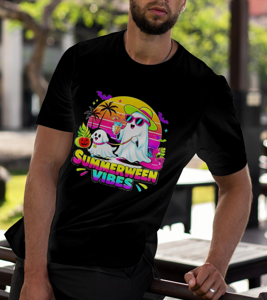 Summerween Vibes Ghost Walking Dog Retro Sunset Tropical Beach Party T-Shirt