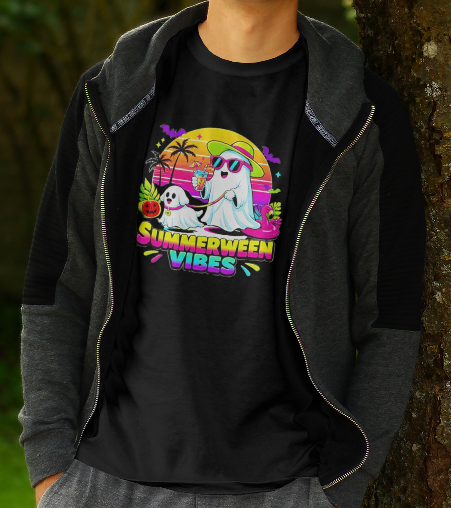 Summerween Vibes Ghost Walking Dog Retro Sunset Tropical Beach Party T-Shirt