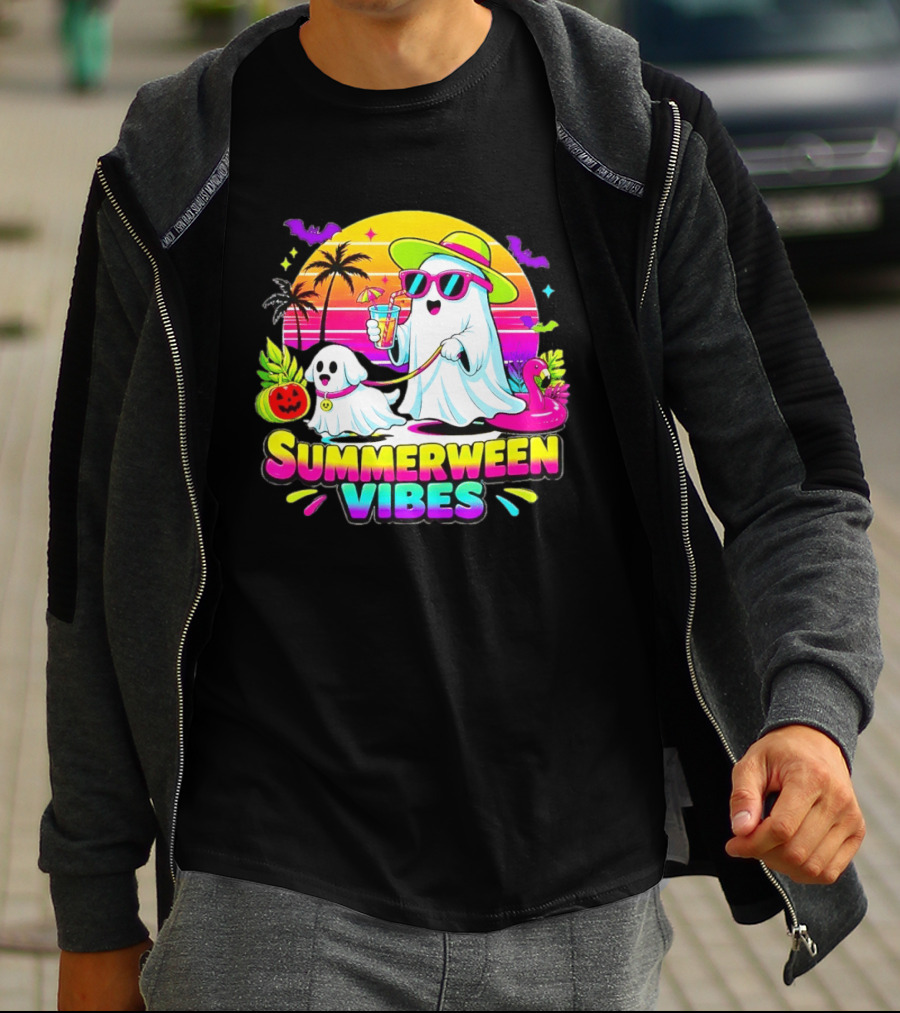 Summerween Vibes Ghost Walking Dog Retro Sunset Tropical Beach Party T-Shirt