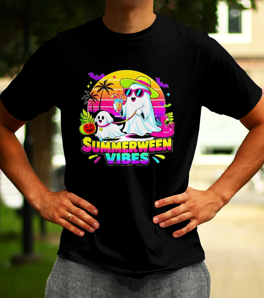 Summerween Vibes Ghost Walking Dog Retro Sunset Tropical Beach Party T-Shirt