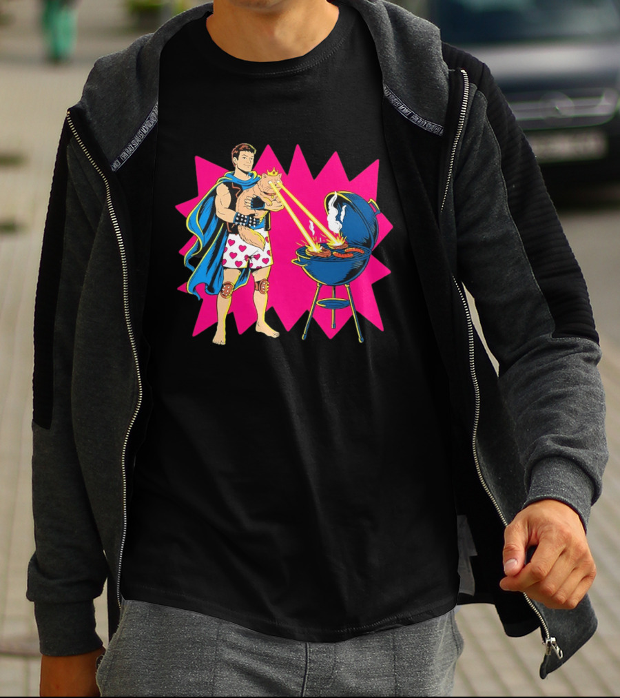 Superhero Cape Heart Shorts Laser Cat BBQ In Action T-Shirt