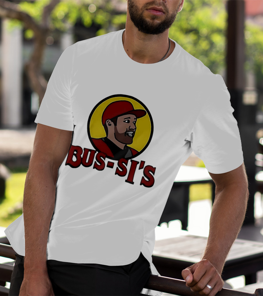 Bus Si's Baseball Player Cartoon Logo Design White T-Shirt