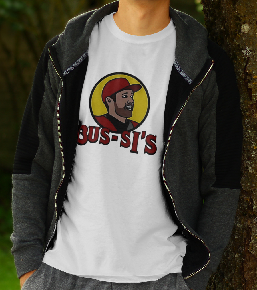 Bus Si's Baseball Player Cartoon Logo Design White T-Shirt