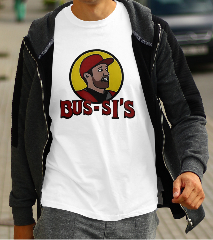 Bus Si's Baseball Player Cartoon Logo Design White T-Shirt