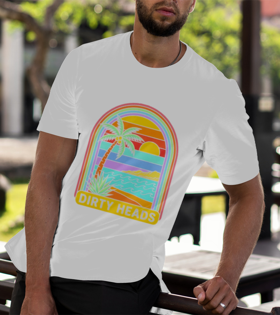 Dirty Heads Tropical Beach Palm Tree Rainbow Arch Sunset T-Shirt