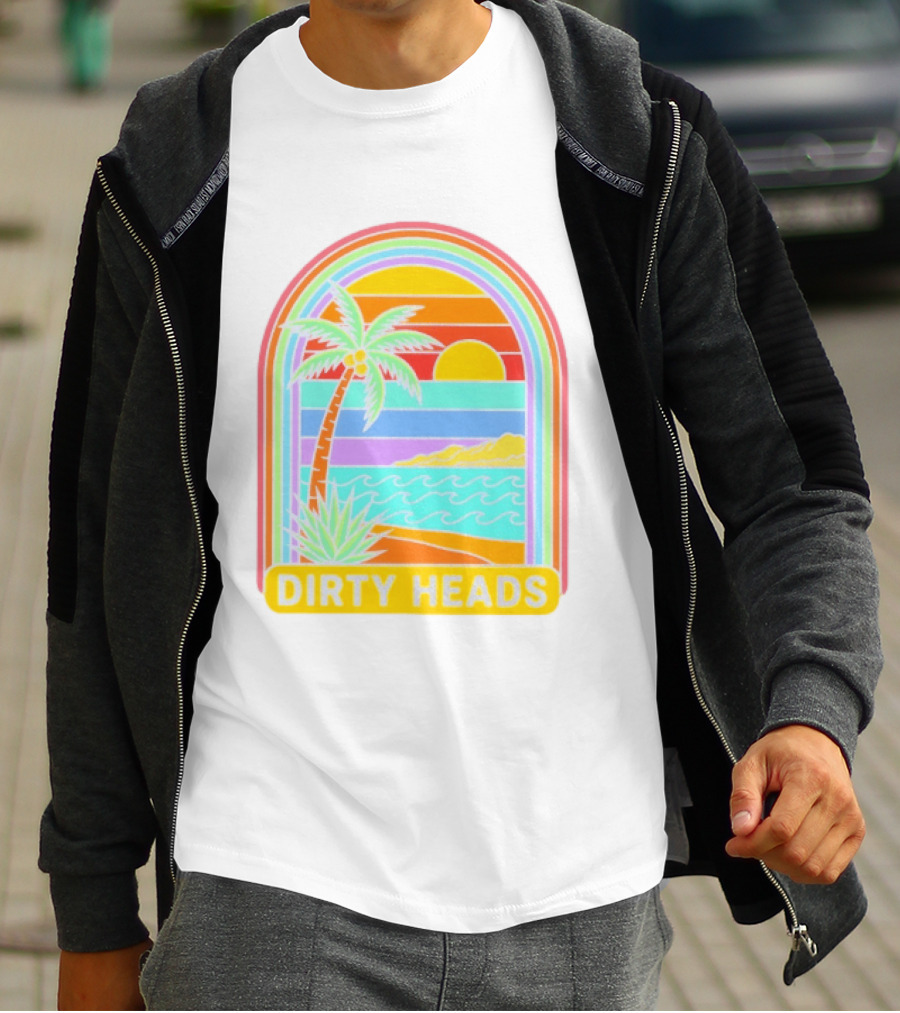 Dirty Heads Tropical Beach Palm Tree Rainbow Arch Sunset T-Shirt