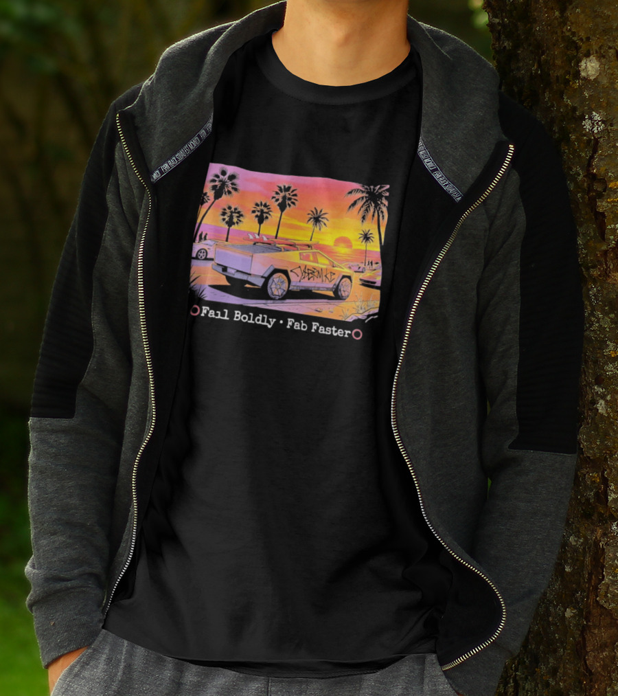 Cybertruck Beach Sunset Surfer Vibes Fail Boldly Fab Faster T-Shirt