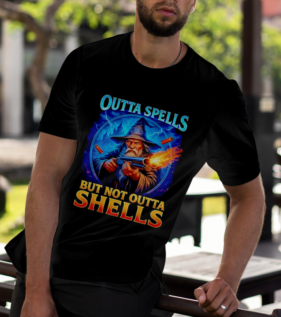 Outta Spells But Not Outta Shells Wizard With Gun Fantasy Humor T-Shirt