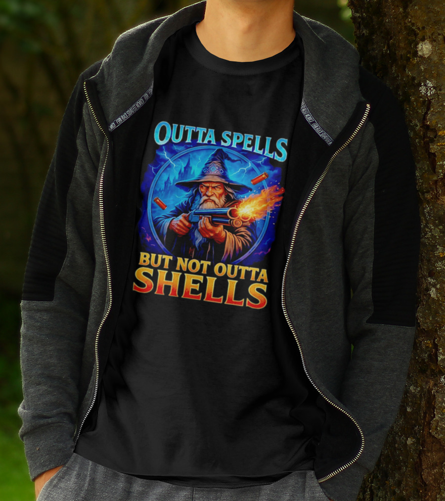 Outta Spells But Not Outta Shells Wizard With Gun Fantasy Humor T-Shirt