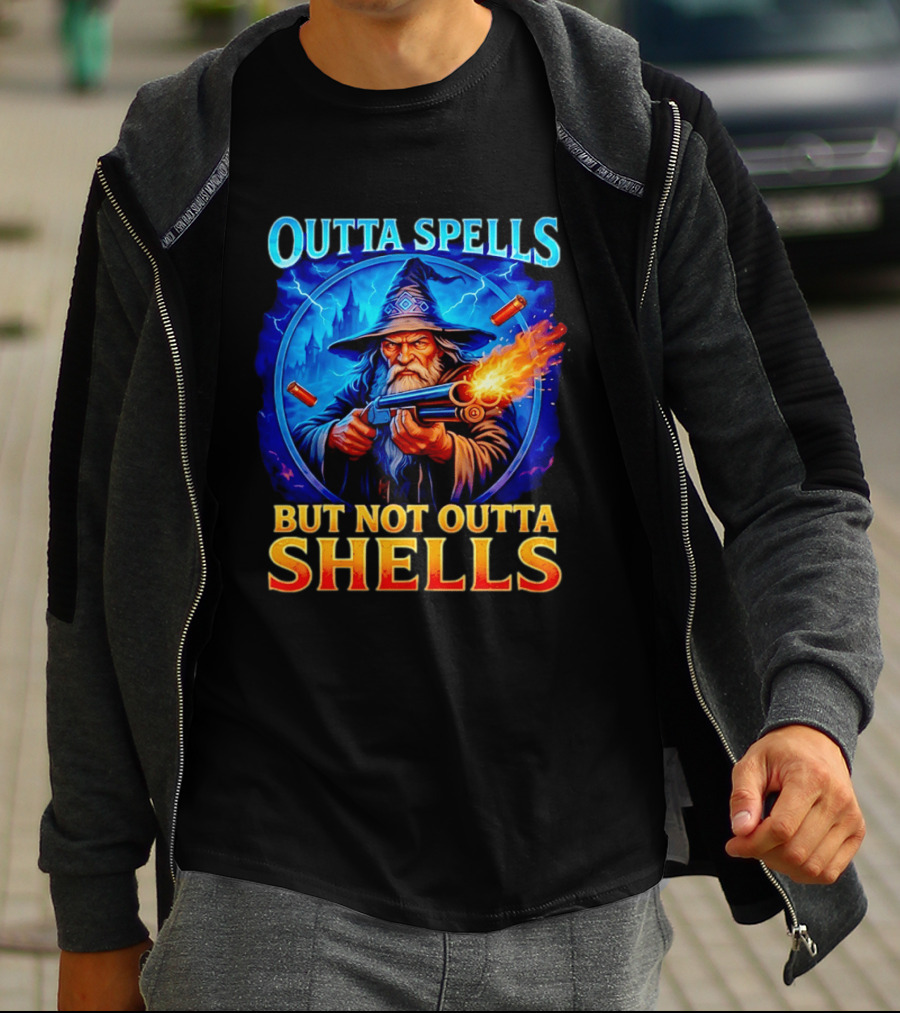 Outta Spells But Not Outta Shells Wizard With Gun Fantasy Humor T-Shirt