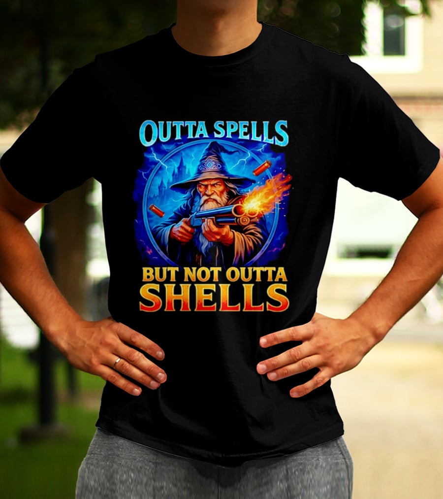 Outta Spells But Not Outta Shells Wizard With Gun Fantasy Humor T-Shirt