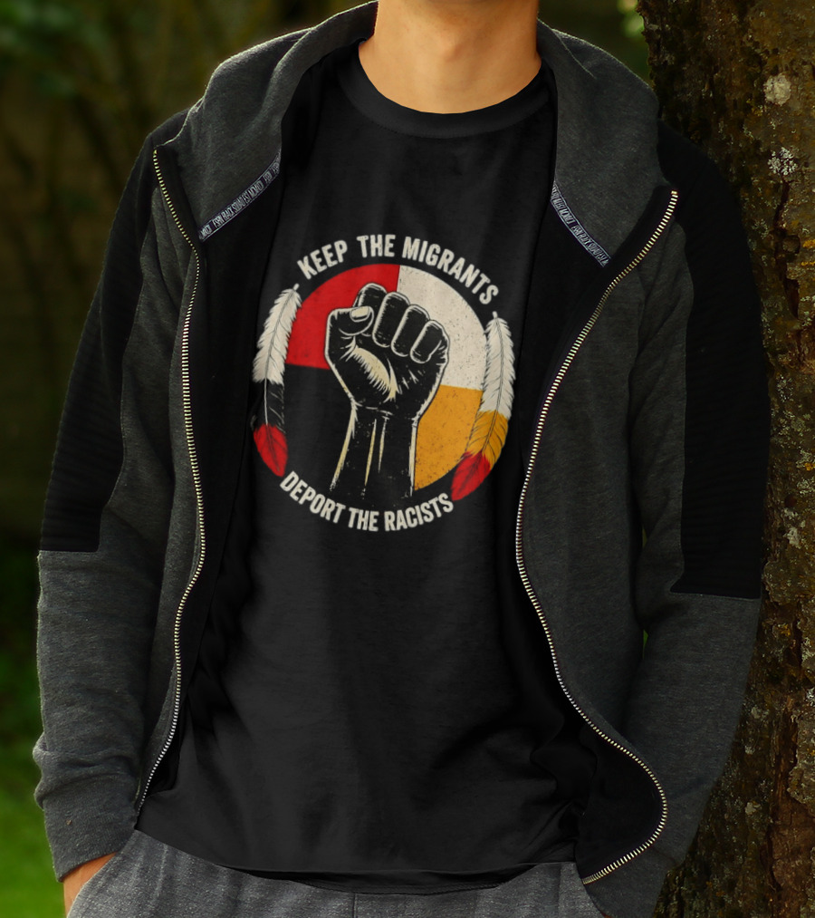 Keep The Migrants Deport The Racists Fist With Feathers And Color Block Circle T-Shirt