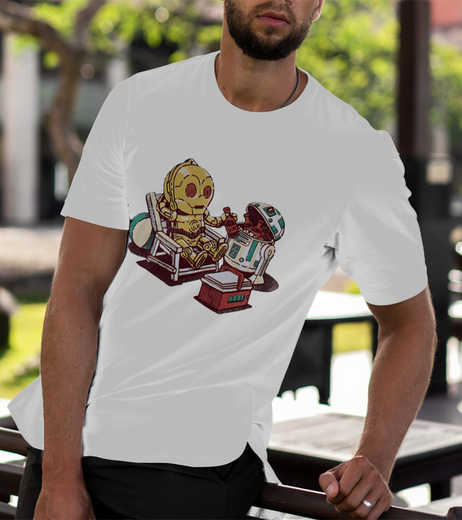 Stay Buddy Two Robots Relaxing Beach Chair Sci Fi Humor T-Shirt