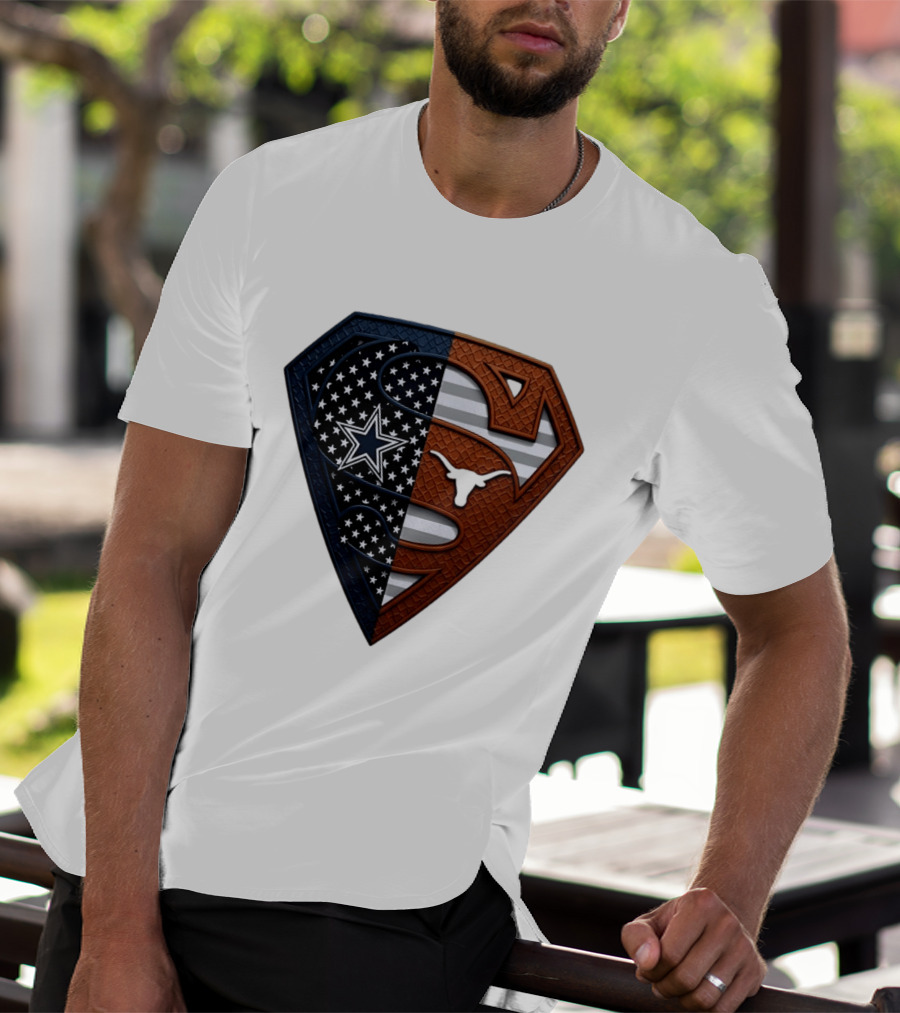 Dallas Cowboys Texas Longhorns Superman Shield Split Dual Icon Emblems T-Shirt