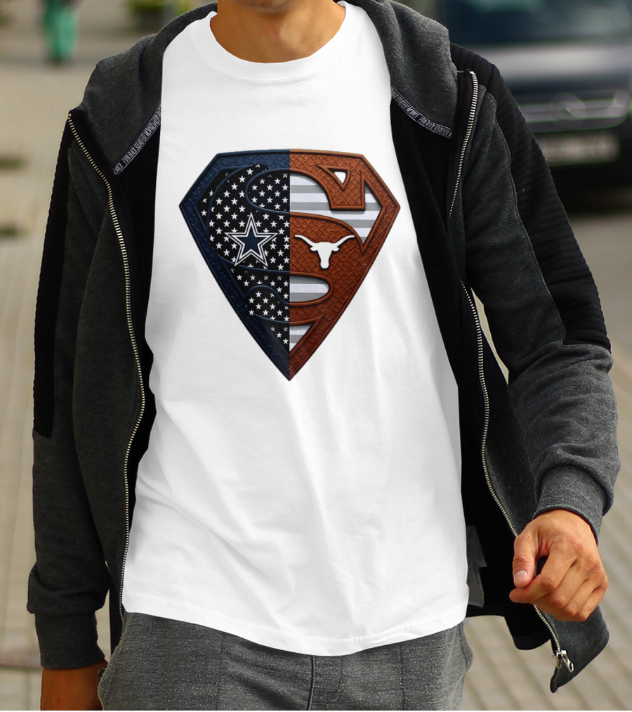 Dallas Cowboys Texas Longhorns Superman Shield Split Dual Icon Emblems T-Shirt