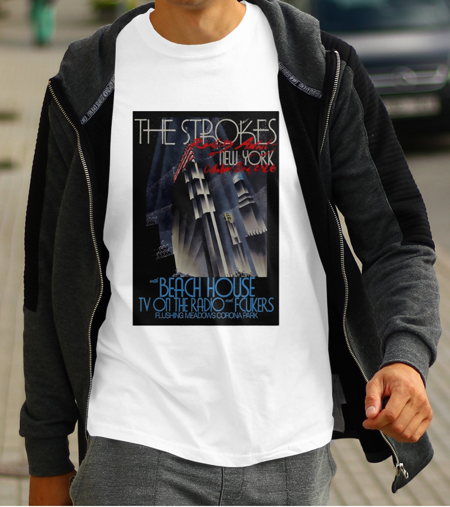 The Strokes New York Concert October 2026 Flushing Meadows Corona Park With Beach House TV On The Radio Fcukers Deco Cityscape T-Shirt