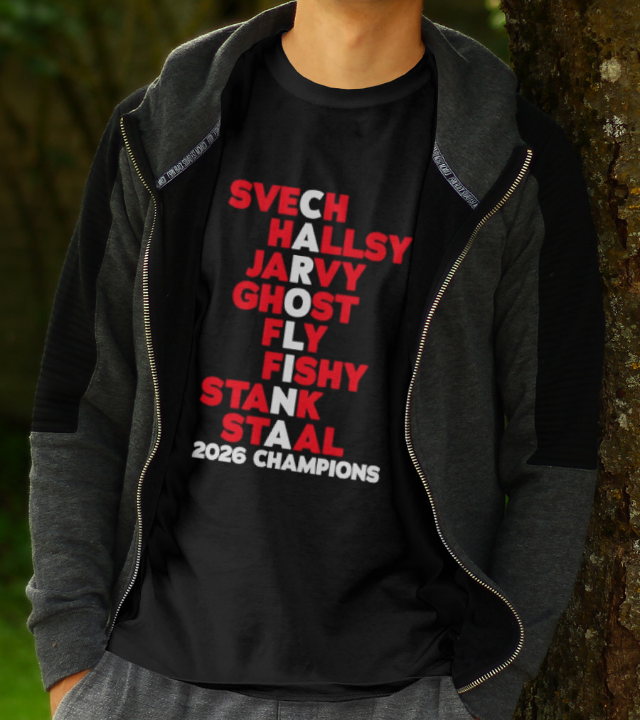 Carolina Hurricanes 2026 Champions Svech Hallsy Jarvy Ghost Fly Fishy Stank Staal T-Shirt