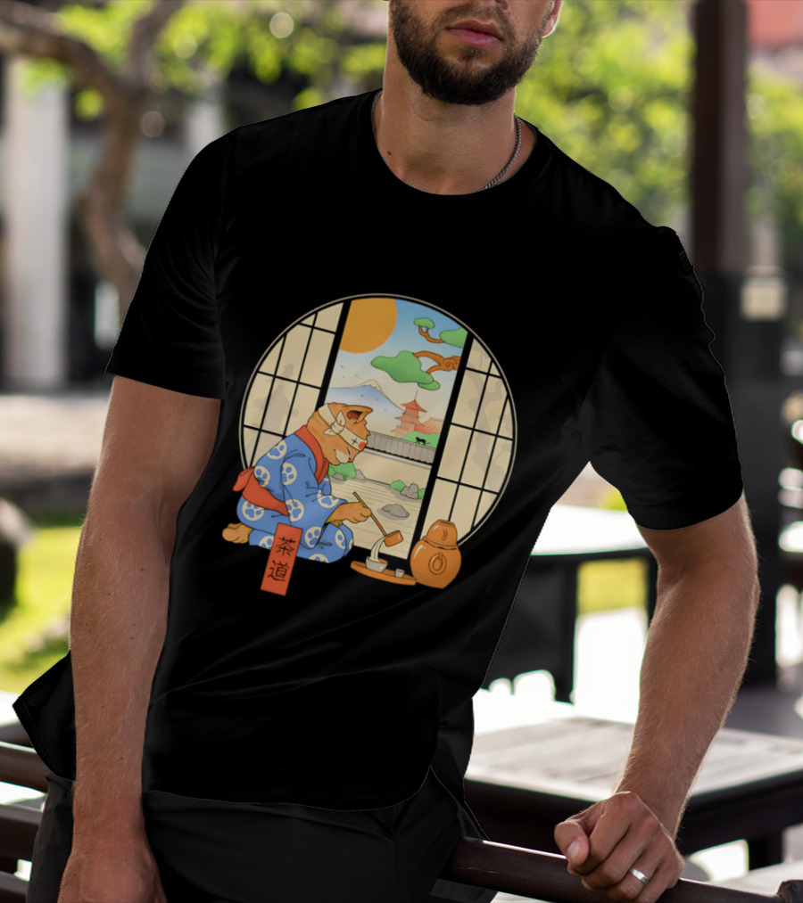 Ukiyo E Style Cat Tea Ceremony With Japanese Landscape T-Shirt