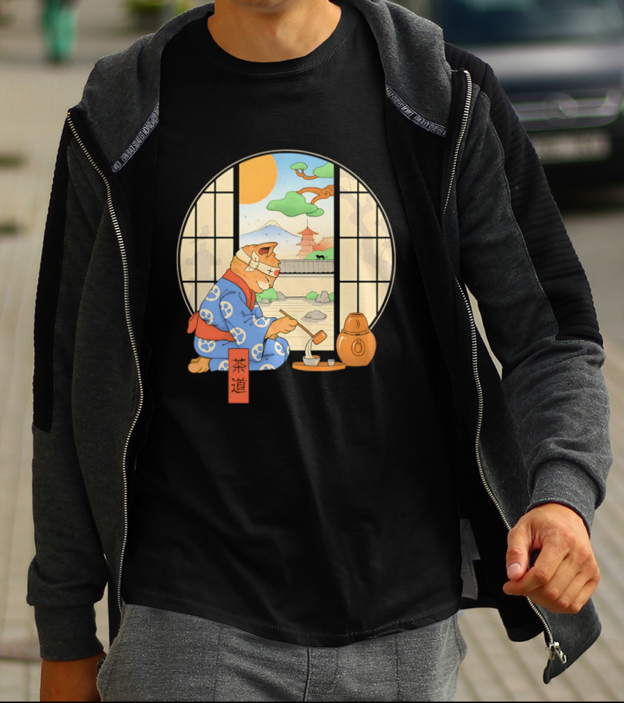Ukiyo E Style Cat Tea Ceremony With Japanese Landscape T-Shirt