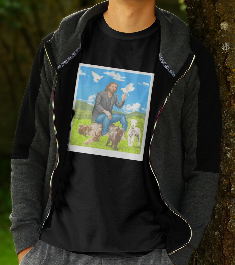 Keanu Reeves Surrounded By Animals In Peaceful Steppe Landscape T-Shirt