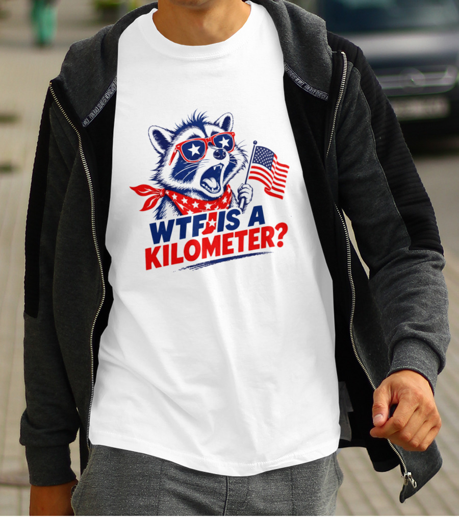 WTF Is A Kilometer Star Spangled Raccoon Holding American Flag 4th Of July T-Shirt
