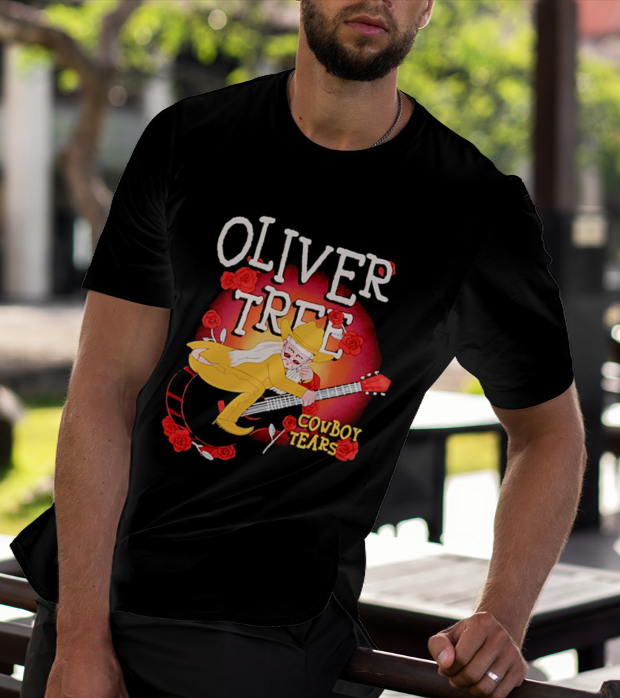 Oliver Tree Cowboy Tears Cartoon Character With Roses And Guitar T-Shirt