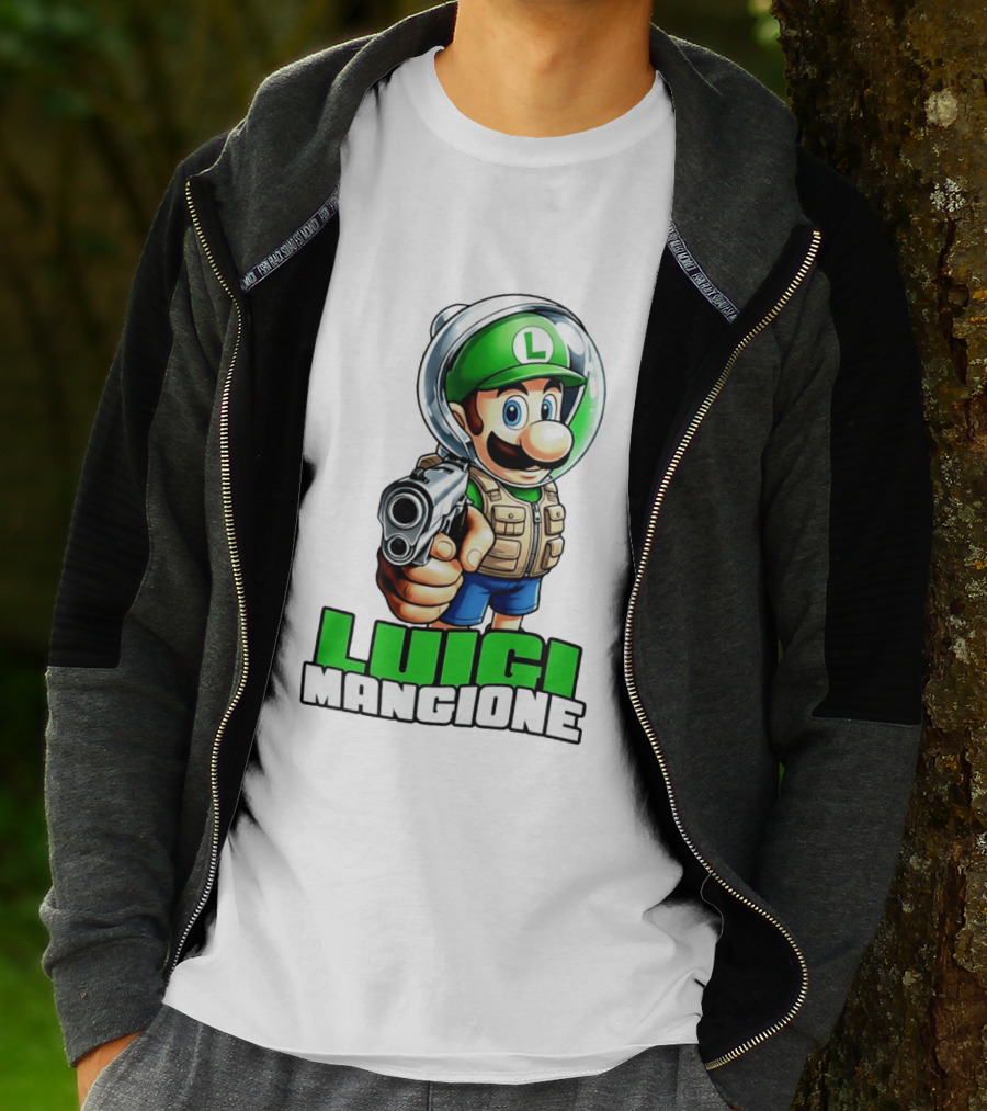 Luigi Mangione Super Mario Green Hat Gun Image T-Shirt