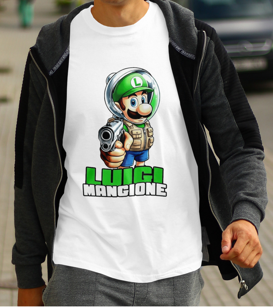 Luigi Mangione Super Mario Green Hat Gun Image T-Shirt