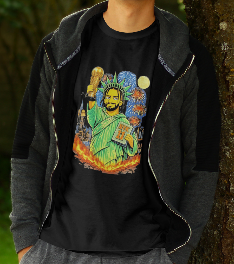 New York Knicks Jalen Brunson As Statue Of Liberty NYK 11 With Trophy And Fireworks T-Shirt