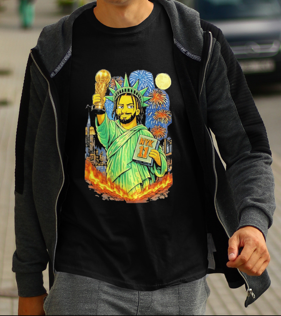 New York Knicks Jalen Brunson As Statue Of Liberty NYK 11 With Trophy And Fireworks T-Shirt