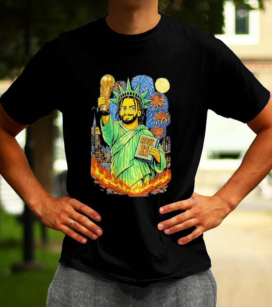New York Knicks Jalen Brunson As Statue Of Liberty NYK 11 With Trophy And Fireworks T-Shirt