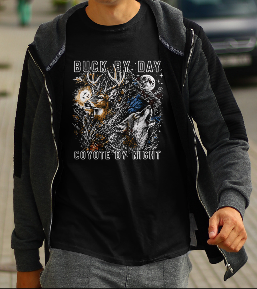 Buck By Day Coyote By Night Deer And Wolf Moon Scene T-Shirt