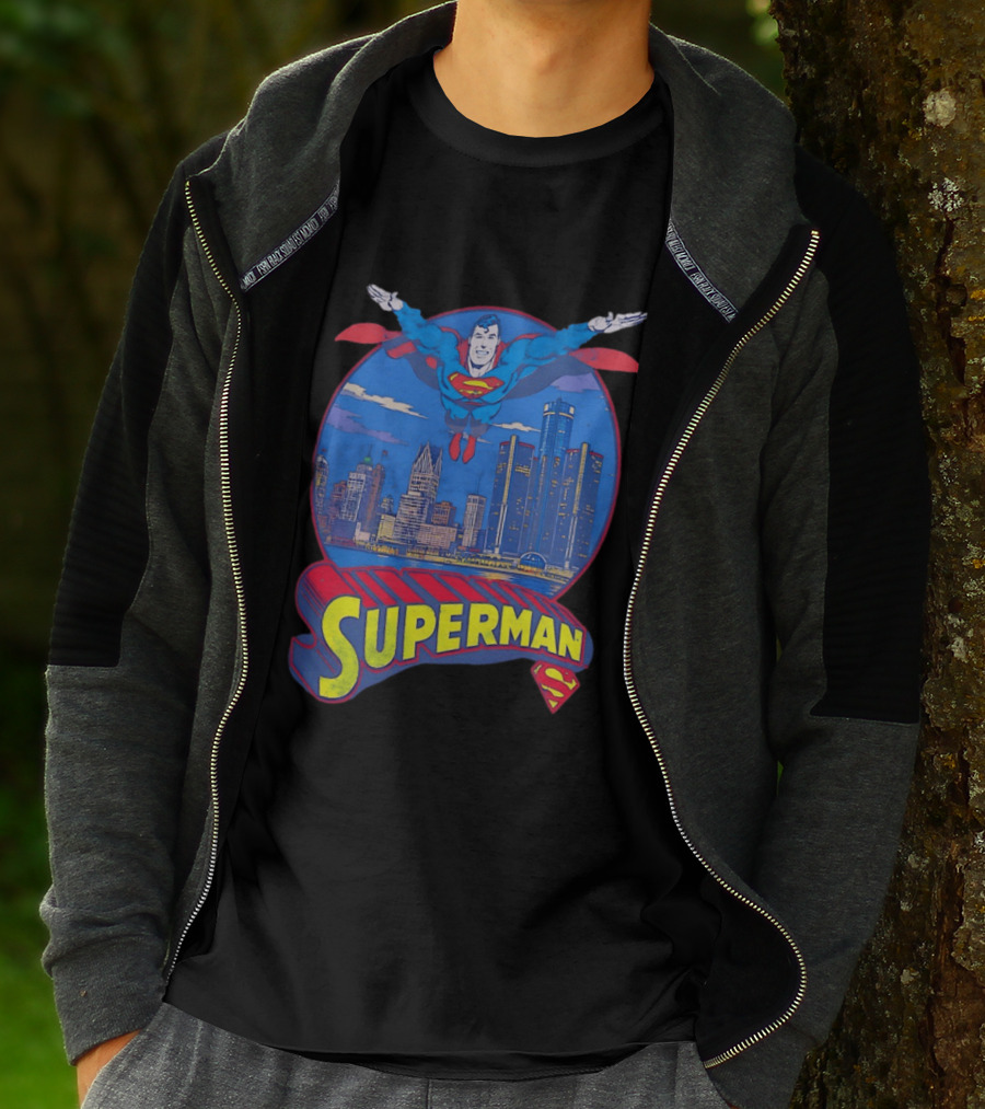 Detroit Superman Jay Towers Motor City Skyline Superman Logo Retro Comic T-Shirt