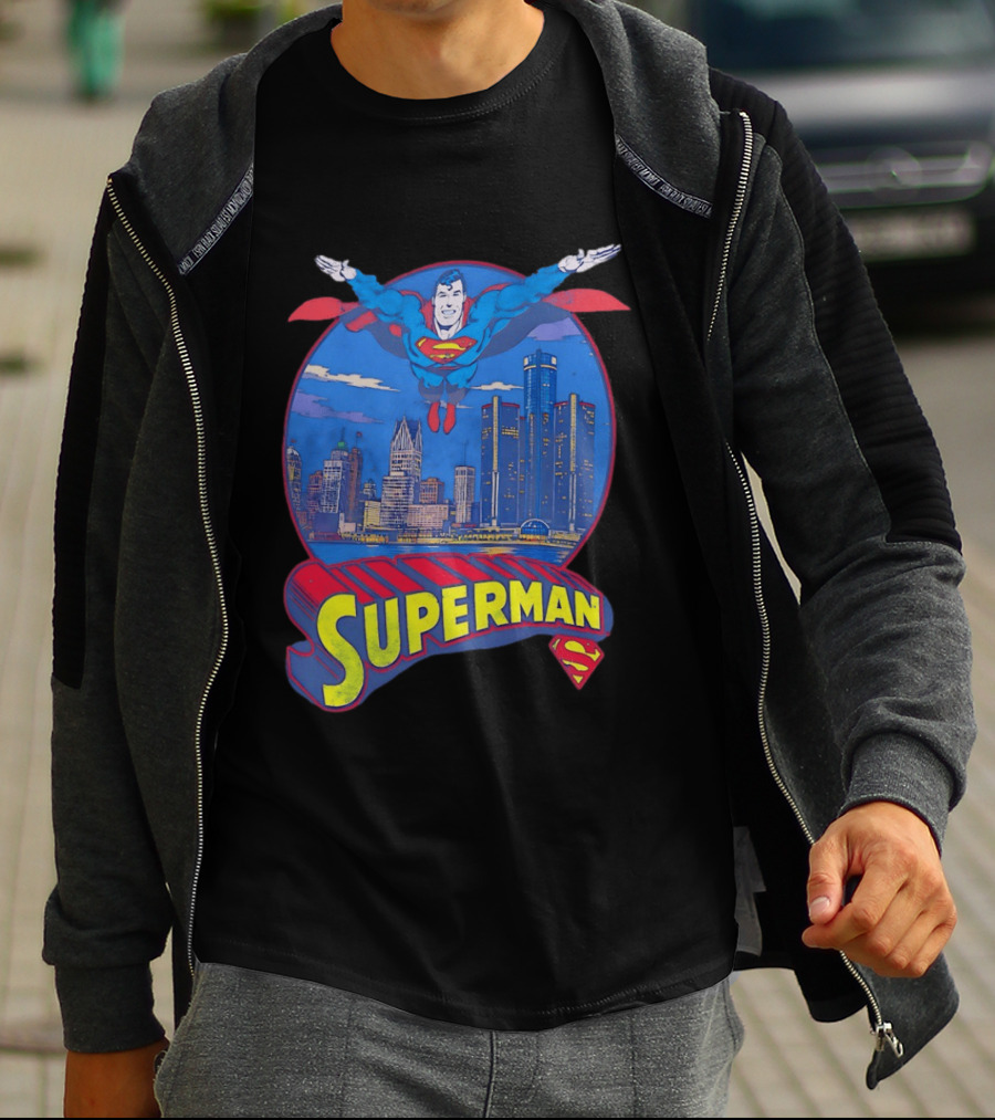 Detroit Superman Jay Towers Motor City Skyline Superman Logo Retro Comic T-Shirt