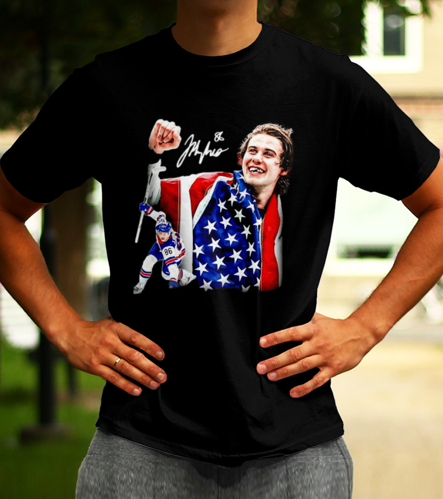 Jack Hughes New Jersey Devils USA Flag 86 Hockey Celebration T-Shirt