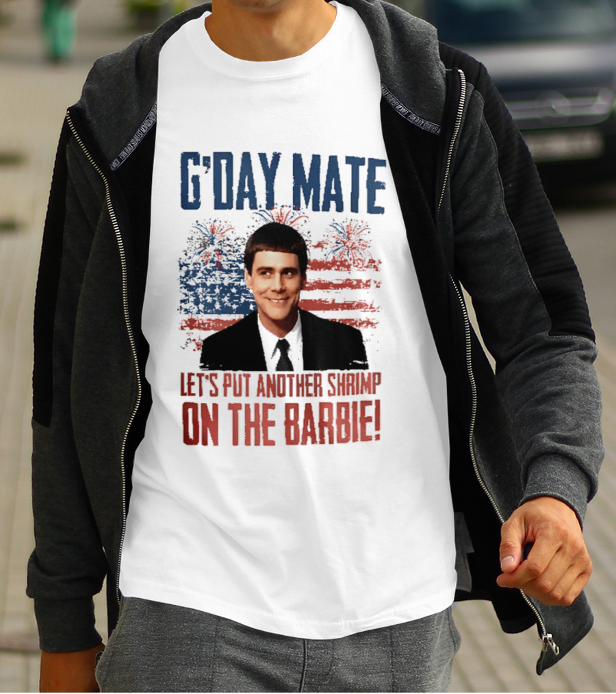 G'Day Mate Let's Put Another Shrimp On The Barbie 4th Of July With Stars And Stripes Fireworks T-Shirt