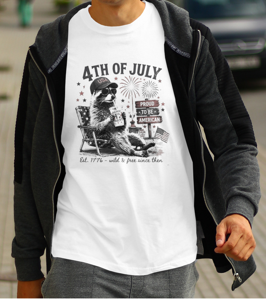 4th Of July Raccoon USA Hat Sunglasses Proud To Be American Est 1776 T-Shirt