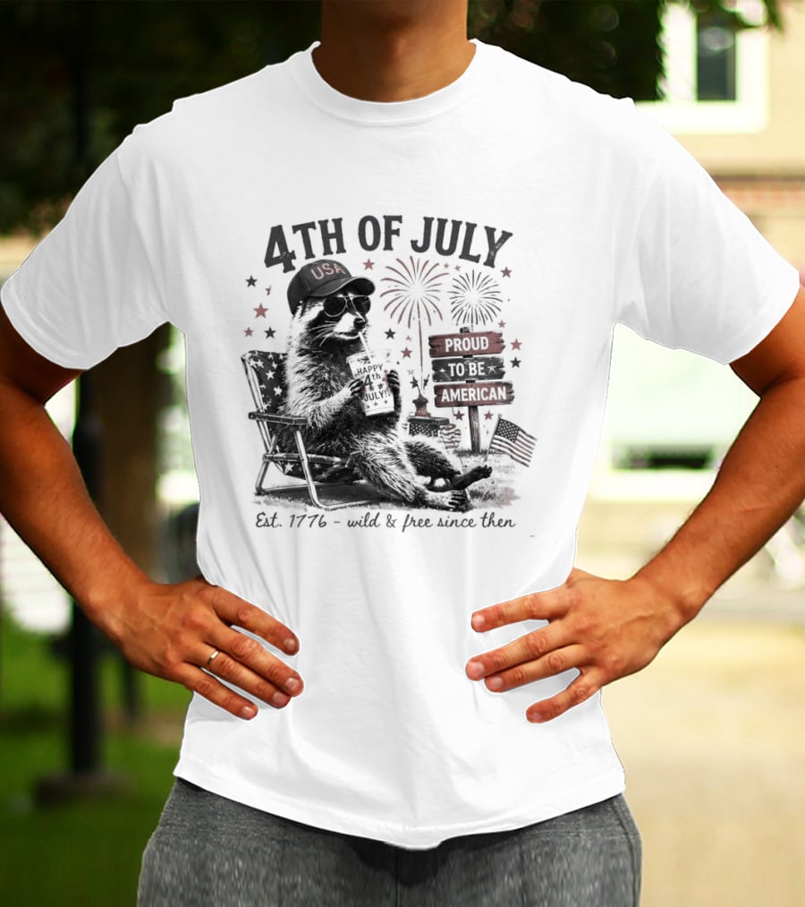 4th Of July Raccoon USA Hat Sunglasses Proud To Be American Est 1776 T-Shirt