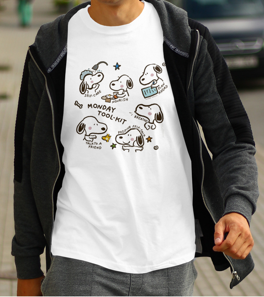 Snoopy Monday Tool Kit Self Care Nourish Relaxation Mental Health Positive Self Talk Plan Ahead T-Shirt