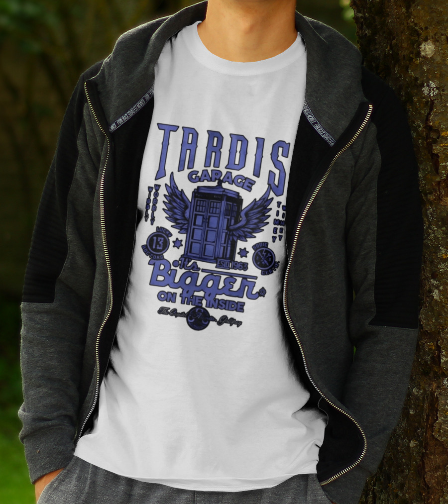 Tardis Garage It's Bigger On The Inside Lucky 13 Doctors Wibbly Wobbly Timely Wimey Sonic Crafted Estd 1963 T-Shirt