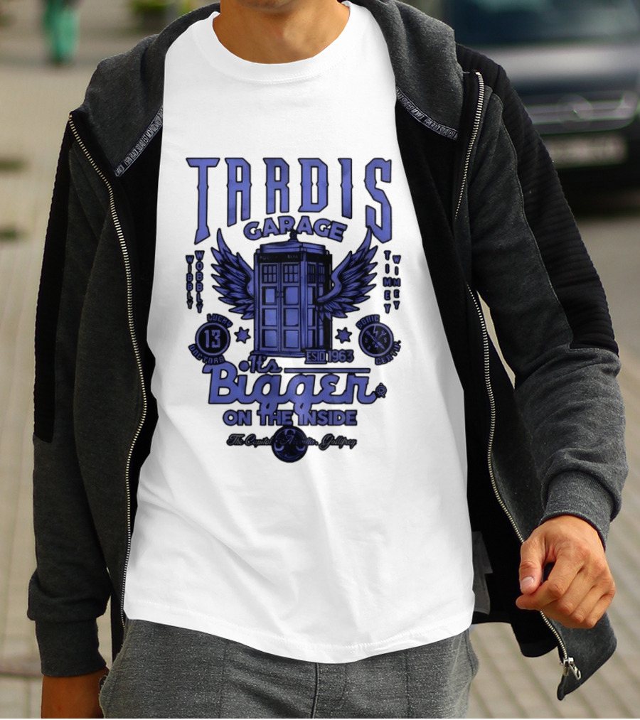 Tardis Garage It's Bigger On The Inside Lucky 13 Doctors Wibbly Wobbly Timely Wimey Sonic Crafted Estd 1963 T-Shirt
