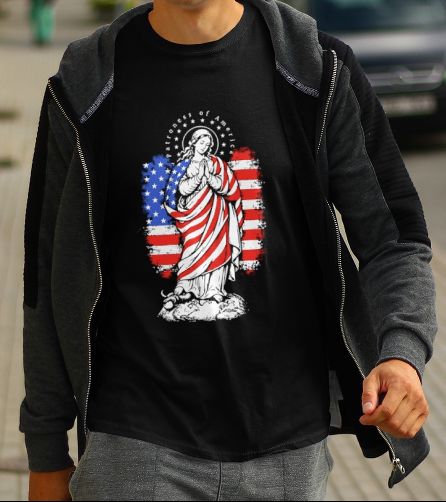 Blessed Virgin Mary Patroness Of The USA With American Flag Colors Catholic T-Shirt