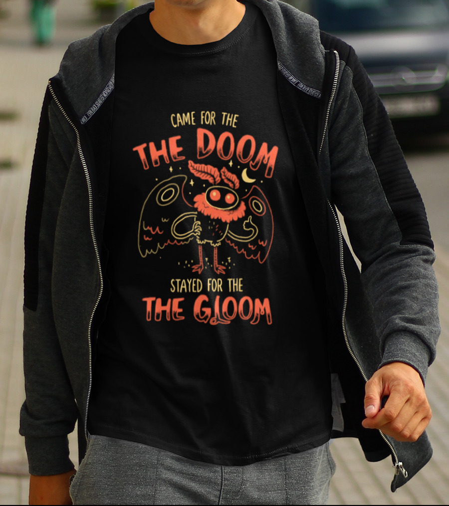 Came For The The Doom Stayed For The The Gloom Owl Cartoon With Crescent Moon And Stars T-Shirt