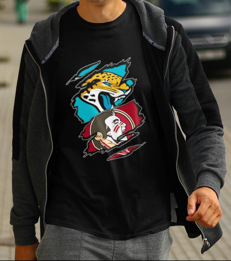 Jacksonville Jaguars Florida State Seminoles Two Teams One Heart Scratch T-Shirt