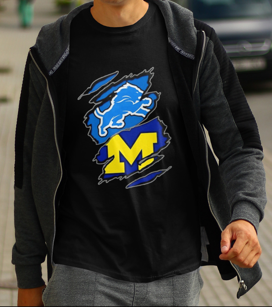 Detroit Lions Michigan Wolverines Two Teams One Heart Scratch T-Shirt