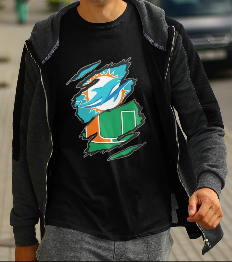 Miami Dolphins And Miami Hurricanes Two Teams One Heart Scratch T-Shirt