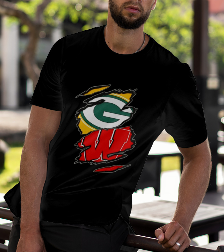 Green Bay Packers Wisconsin Badgers Two Teams One Heart Scratch T-Shirt