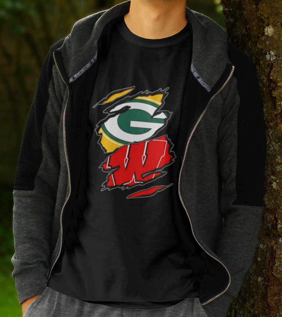 Green Bay Packers Wisconsin Badgers Two Teams One Heart Scratch T-Shirt